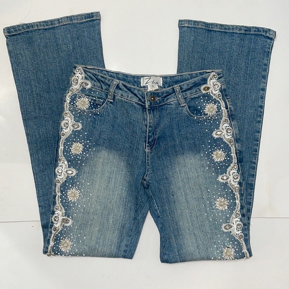 Retro Beaded Low Rise Denim Jeans - Picture 2 of 15